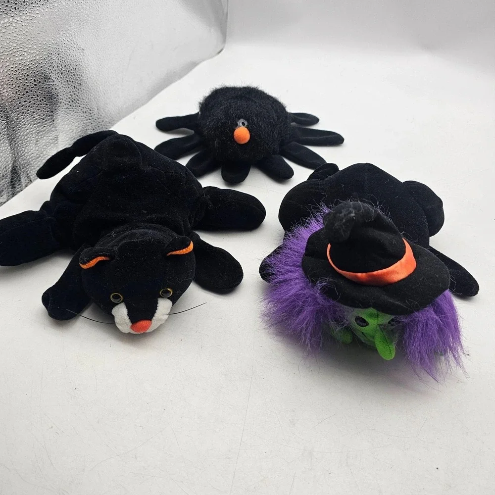 Vintage Plush Creations Halloween Hand Puppet Lot Black Cat Witch Spider Small